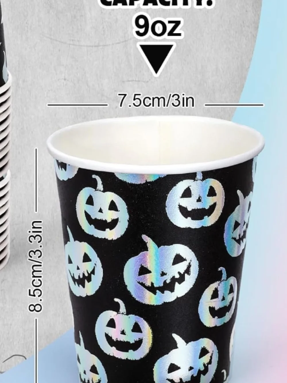 Halloween Ghost Pumpkin Bats Paper Cups - Black Iridescent 60 Set New